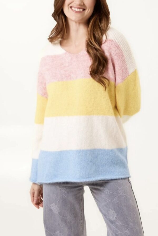 Candy Block Stripe V Neck Jumper