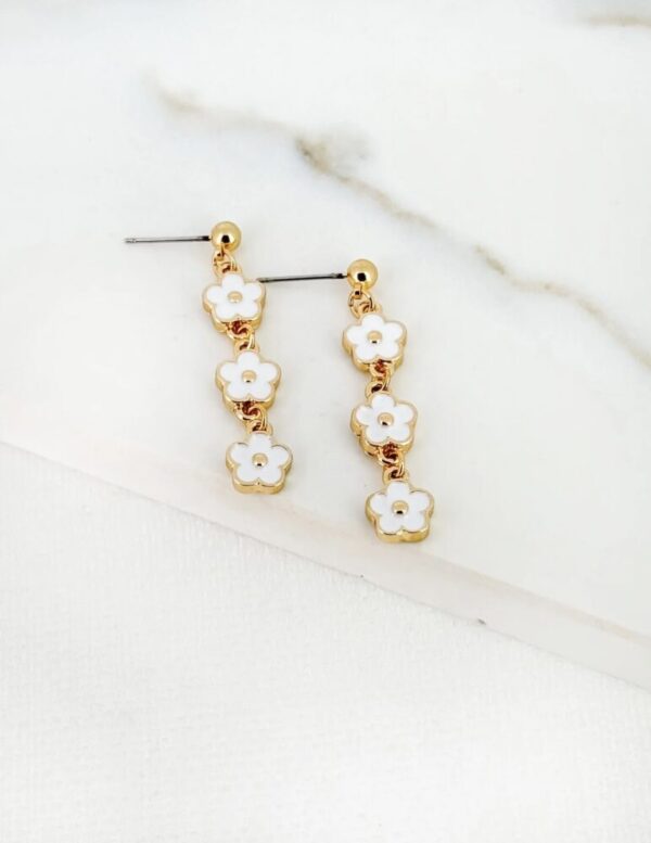 Envy 4417 Gold & White Enamel Daisy Dropper Earrings