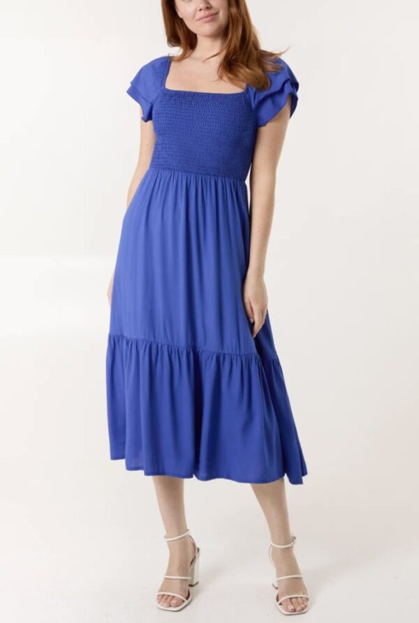 Ivy Plain Square Neck Shirred Dress in Blue & Green - Image 2