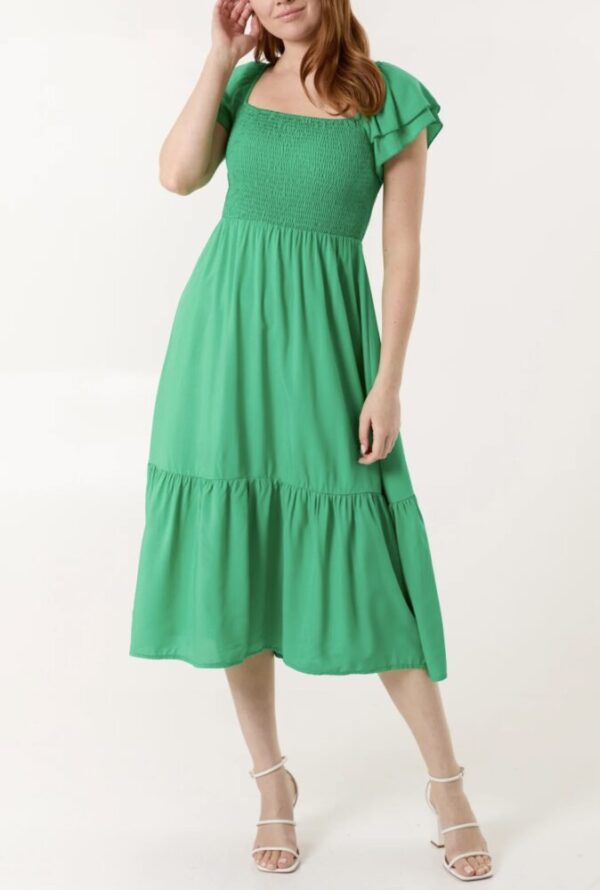 Ivy Plain Square Neck Shirred Dress in Blue & Green