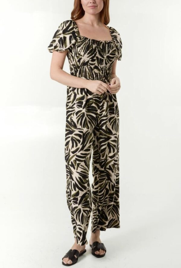 Juno Leaf Print Puff Sleeve Jumpsuit