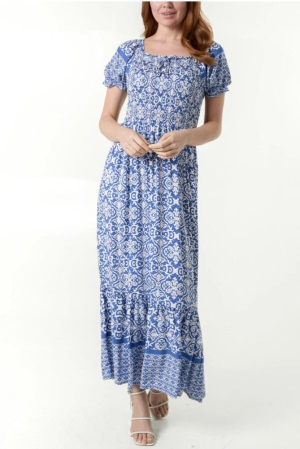 Leona Ikat Print Shirred Maxi Dress in Red & Blue - Image 9