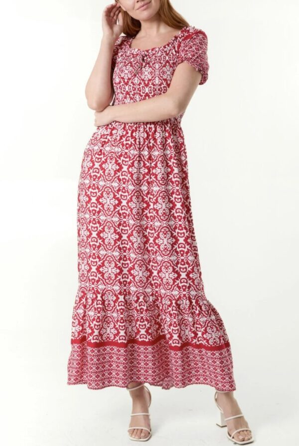 Leona Ikat Print Shirred Maxi Dress in Red & Blue - Image 5