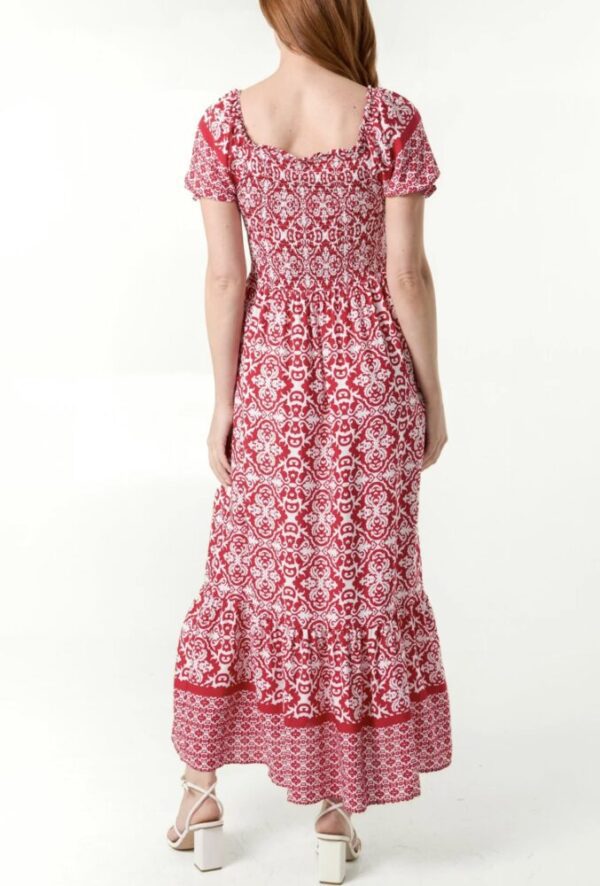 Leona Ikat Print Shirred Maxi Dress in Red & Blue - Image 2